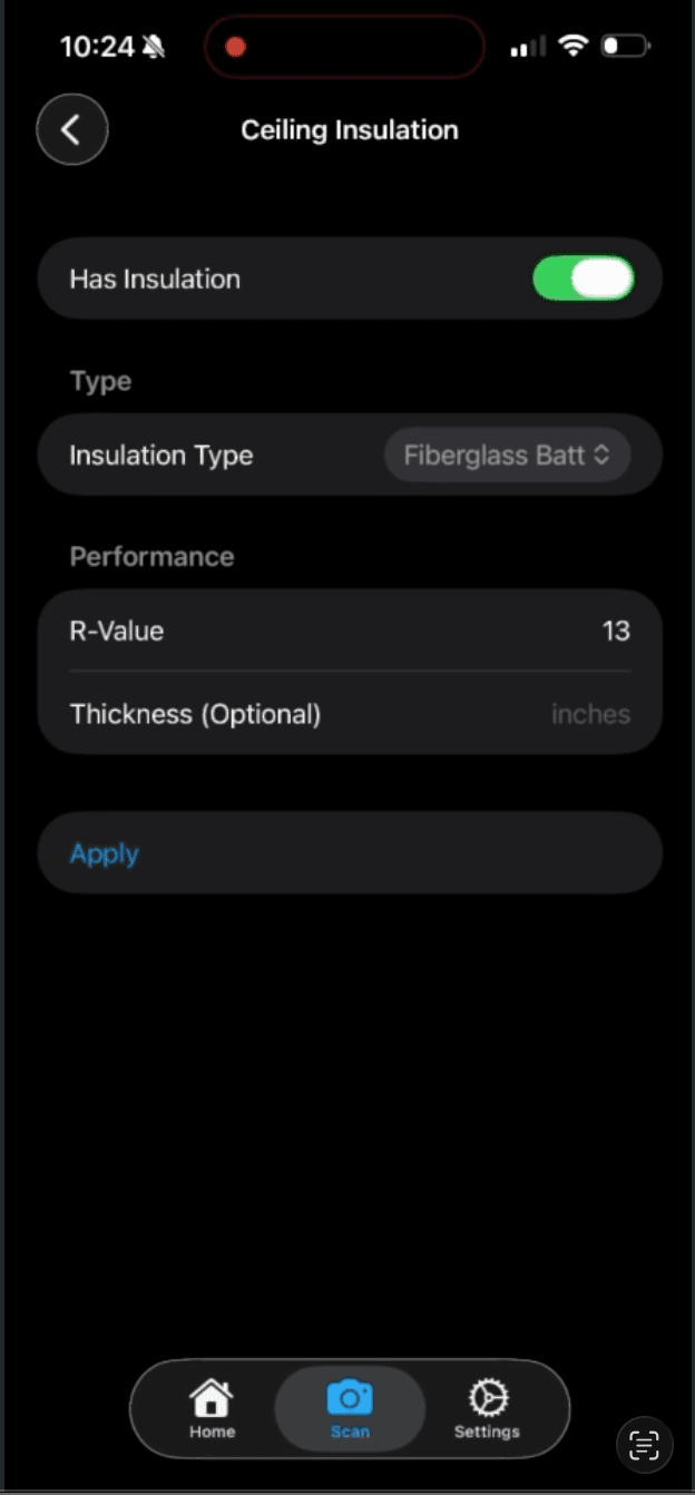 Insulation editor screen with type, R-value, and thickness fields