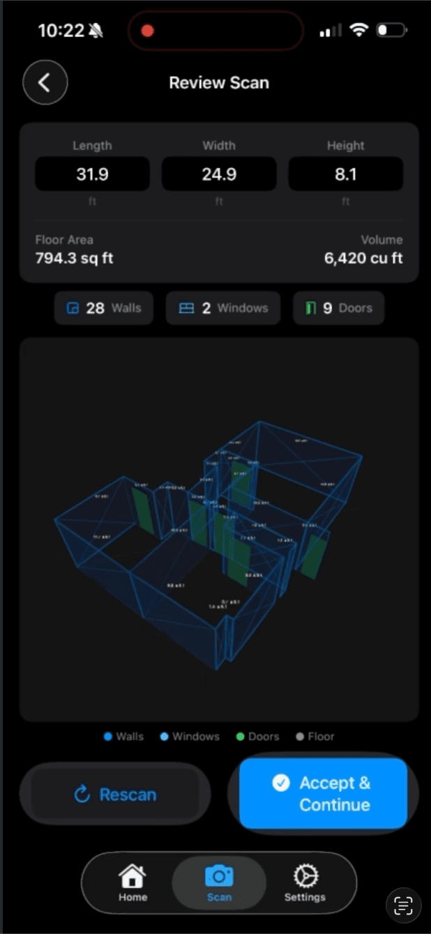 HeatLoadPro scan review screen showing 3D wireframe of a scanned room with measurements